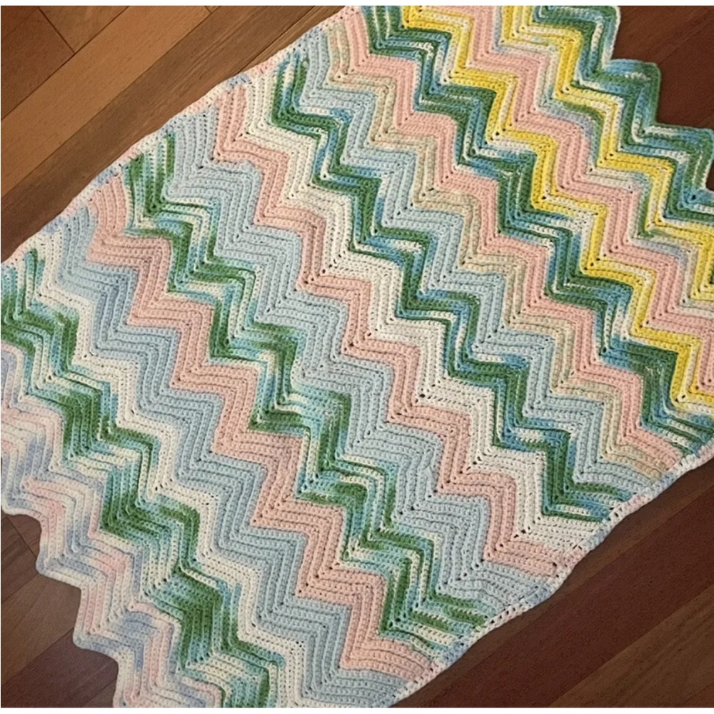 Crocheted Baby Blanket Chevron Throw Afghan Handmade Blue Pink Green White